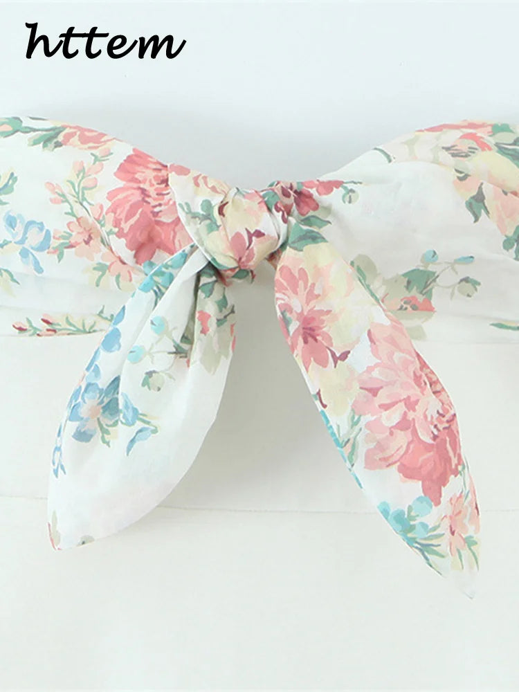 Sexy Women's Printed Bow Short Dress Patchwork Strapless Sleeveless Backless Party Dresses Female 2025 Summer Lady Chic Robes