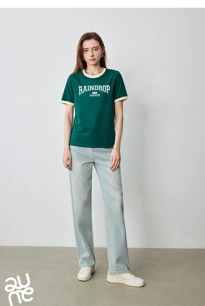 TOYOUTH Women Short Sleeve T shirt 2025 Summer New Color Blocked Letter American Style Antibacterial Cotton Tops GT5210004