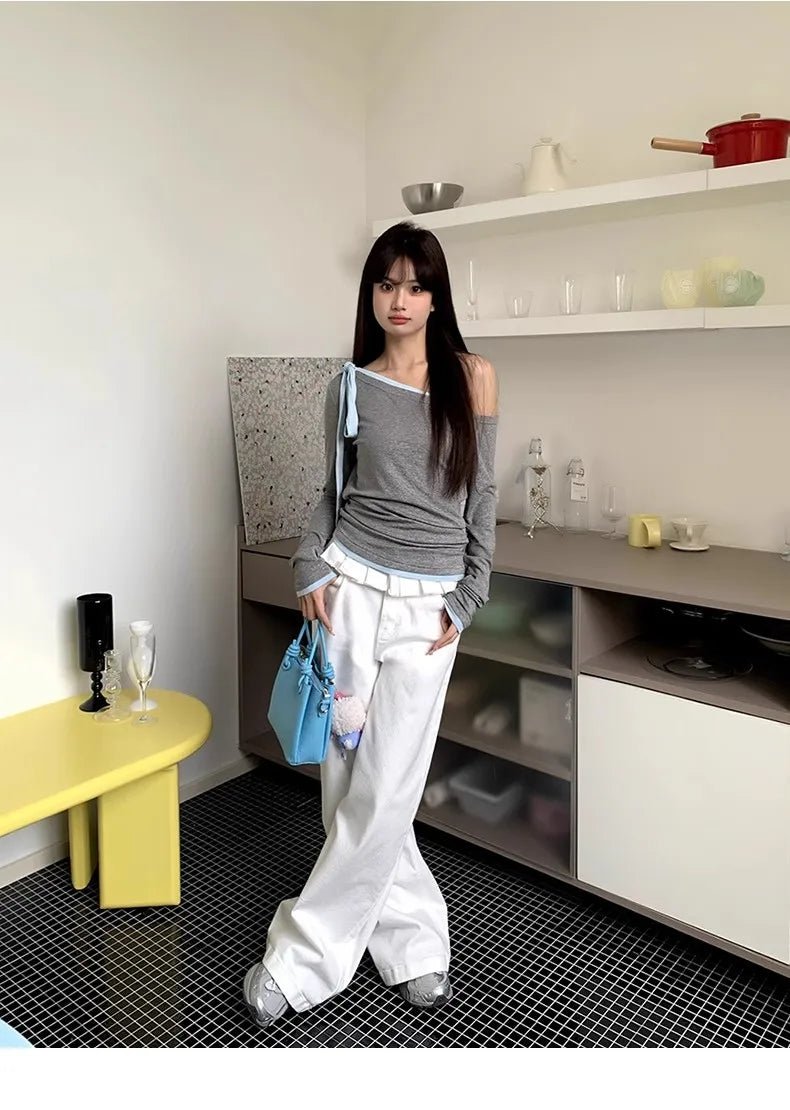 Casual Patchwork Pleated Wide Leg Pants Loose Solid High-Waisted Straight Pants Women Fashion Streetwear Lady Jeans