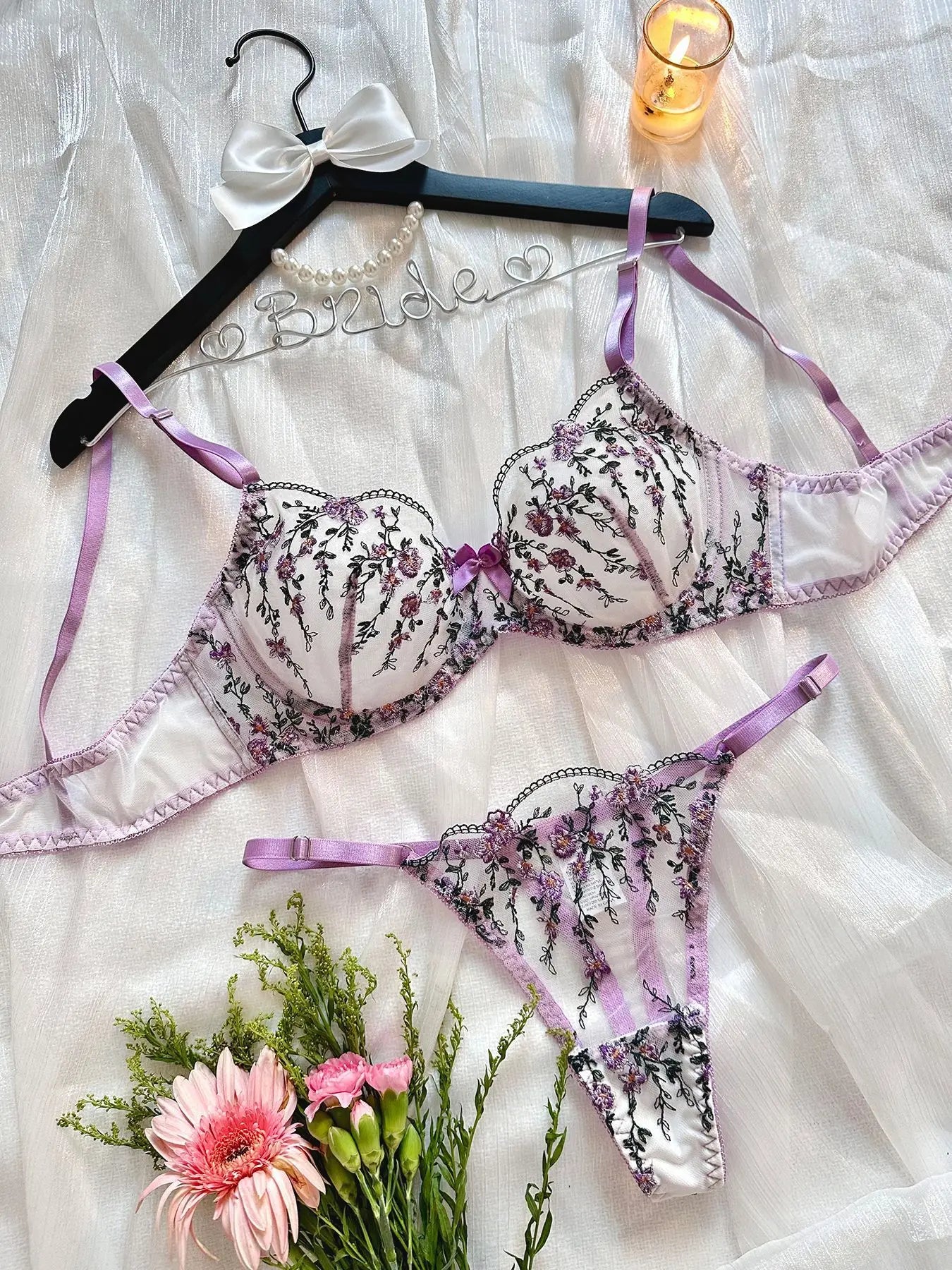 Sexy Women Lingeries Embroidery Floral Underwear Transparent Lace Short Low-waist Kits Sweet Delicate Fairy Bra Bra & Brief Sets