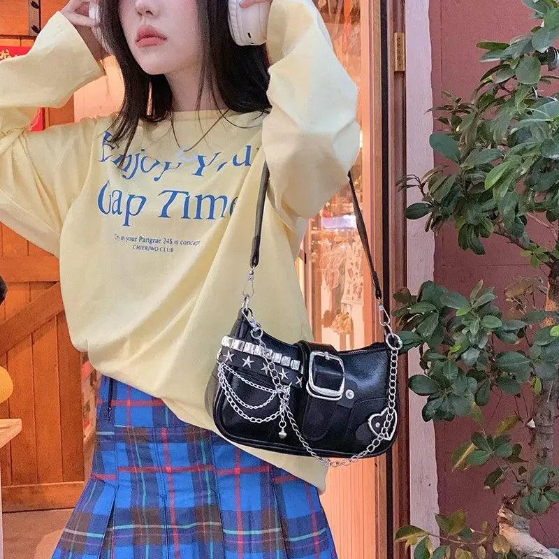 Fashion Hot Girls Square Shoulder Bags Retro Rivet Star Women's Underarm Bag Sweet Pu Leather Female Chain Handbags Pink Purse