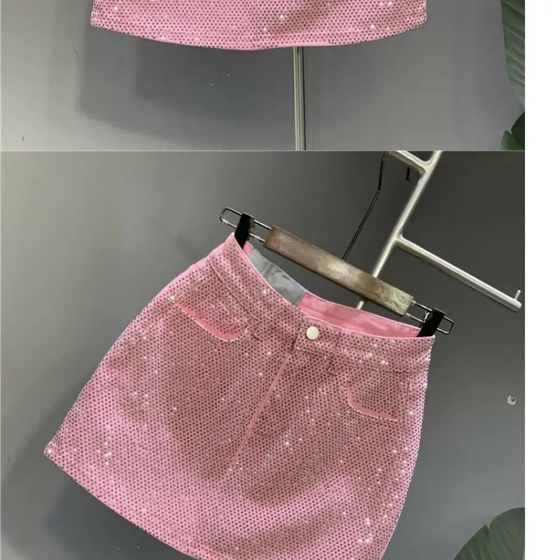 Heavy Industry Hot Drilling High-End Denim Skirt 2024 Spring And Summer New High Waist Pink Sexy A-Word Skirt