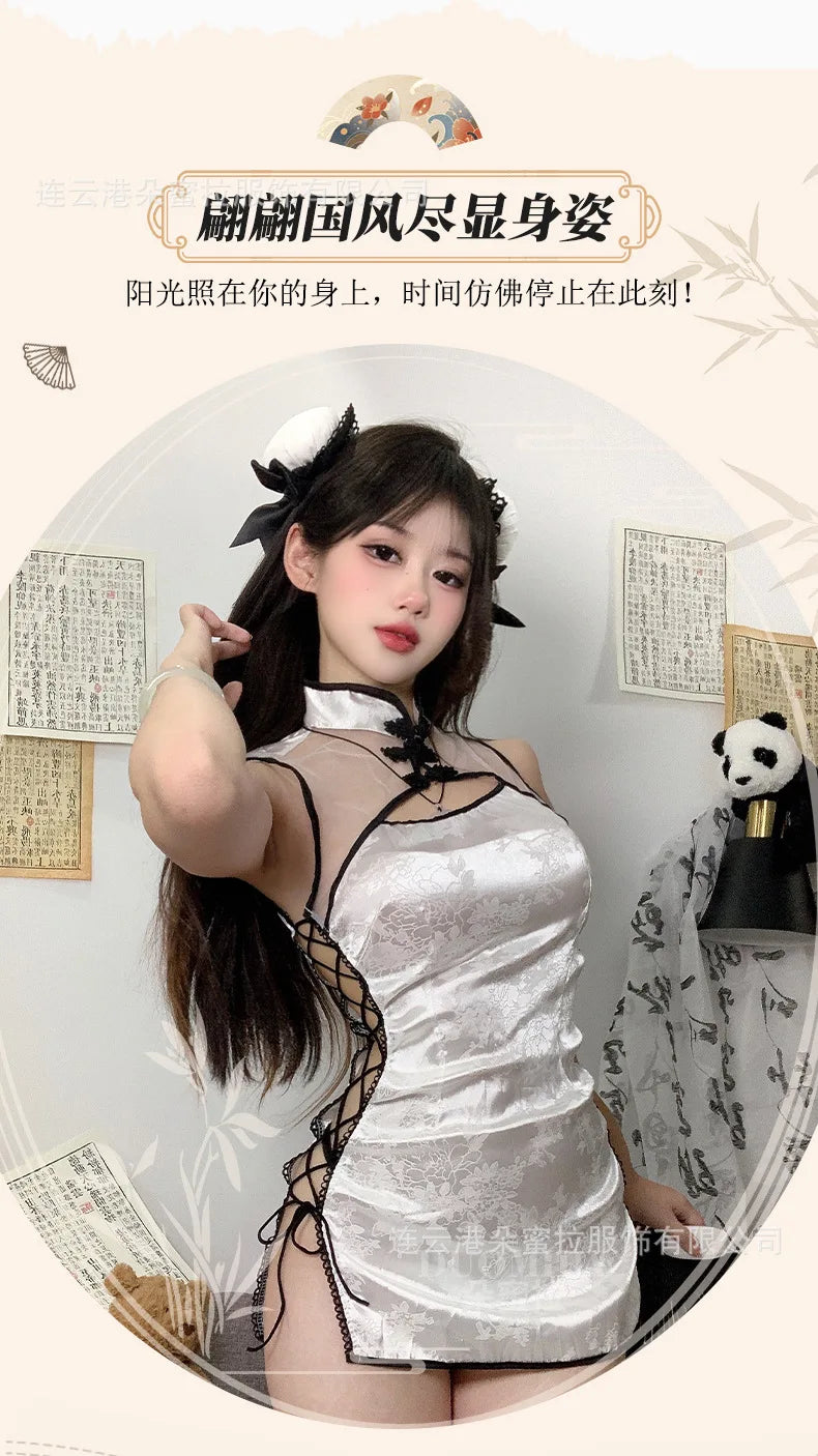 Sexy Cheongsam Mini Dress Mesh Lace Sheer Charming Underwear Uniform Transparent Slim Side Straps Dress Elegant Tops HE1O