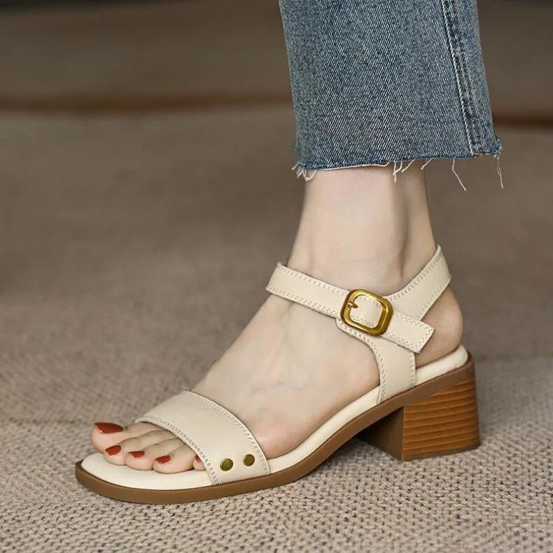 Women Sandals Summer Real Soft Leather Thick Heel Vintage Brown Sandals Women Cross One Line Strap High Heels Mary Jane Shoes
