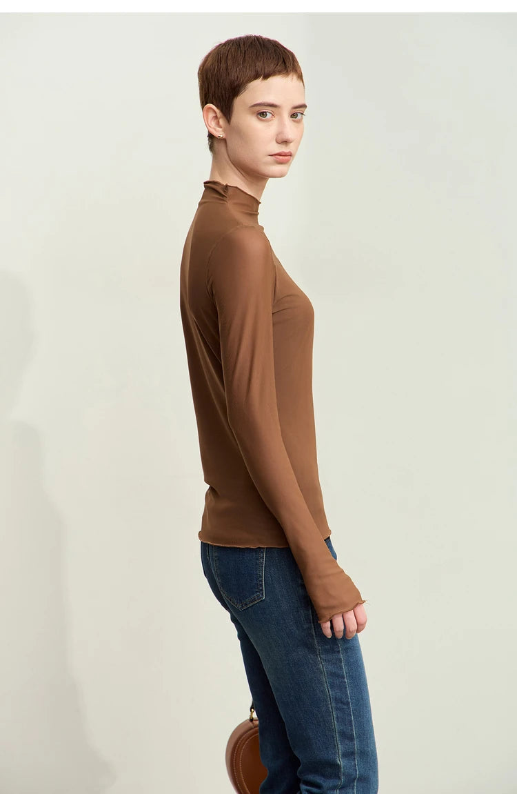 Amii Minimalism Mesh T-shirts For Women 2025 Spring New Office Lady Half-high Neck Micro Perspective Slim Retro Shirt 12423055