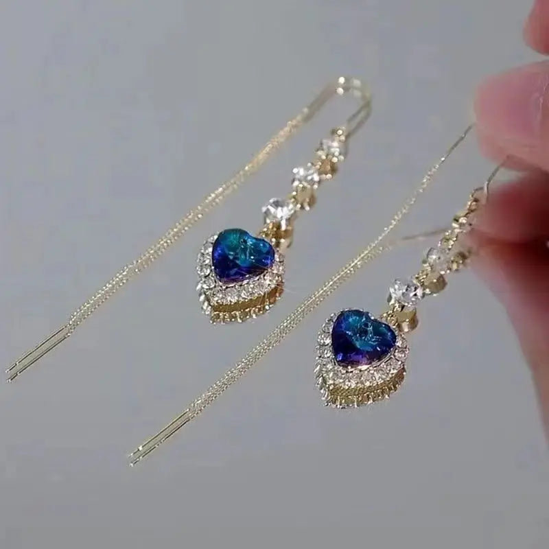 New Blue Heart Shaped Zircon Earrings For Women Light Luxury Long Tassel Ear Wire Dangle Earring Ladies Wedding Party Jewelry