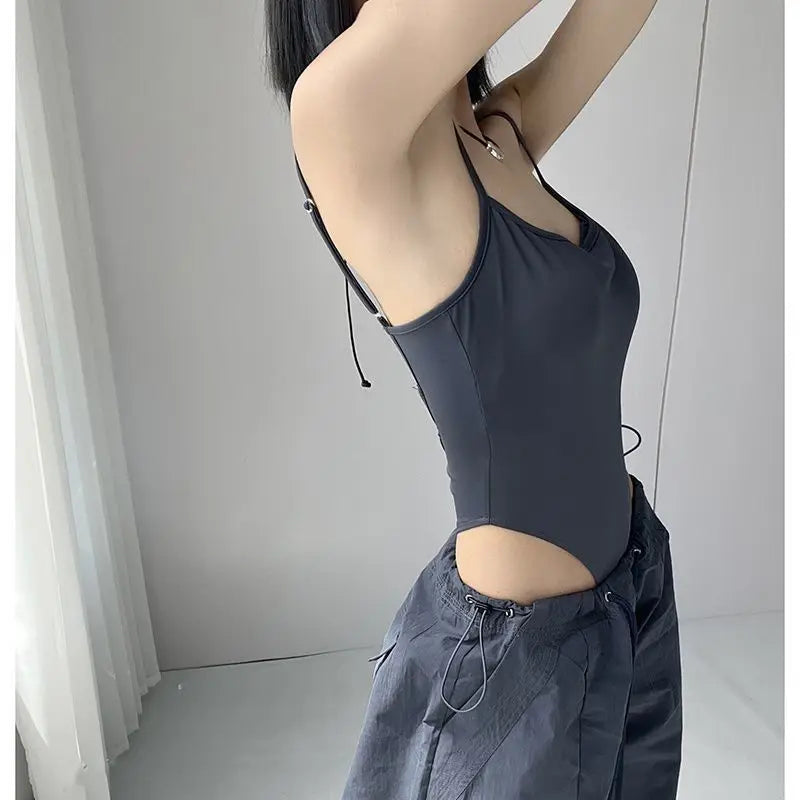 Solid Backless Camis Women Summer with Chest Pad Hollow Out Crotchless Top Sexy American Style Hotsweet Streetwear Slim Thin