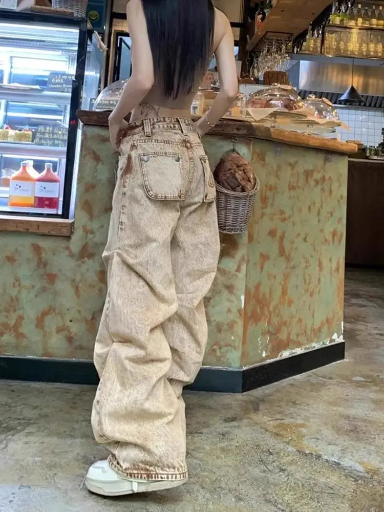 American Khaki Desert Fengshui Wash Jeans Retro Pleated Design Loose Fashion Street Hot Girl Casual High Waist Wide Leg Jeans