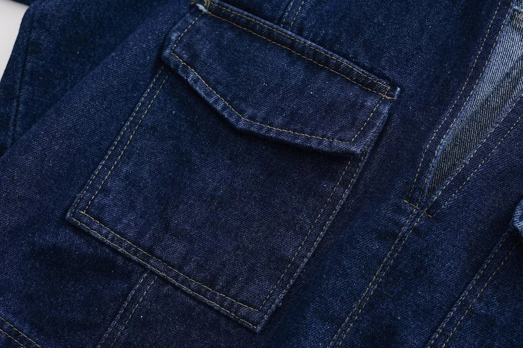 2025 Women's Fashion Flip Pocket Decoration Short Flip Collar Slim fit denim Top + Asymmetric Denim Skirt 2 Piece Set