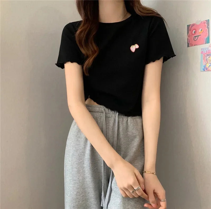 Summer Embroidered Short T-shirt Women Wooden Edge Irregular Slim Short Sleeve Top Plant Pattern Fiber Fabric Elegant Style