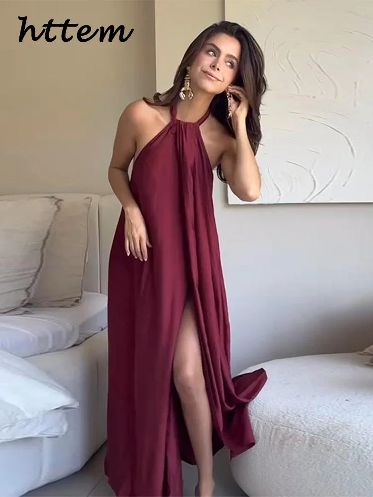 Elegant Halter Long Holiday Dress Women Loose Pleated Sleeveless Backless Slit Lace Up Party Dresses 2025 Summer Lady Beach Robe