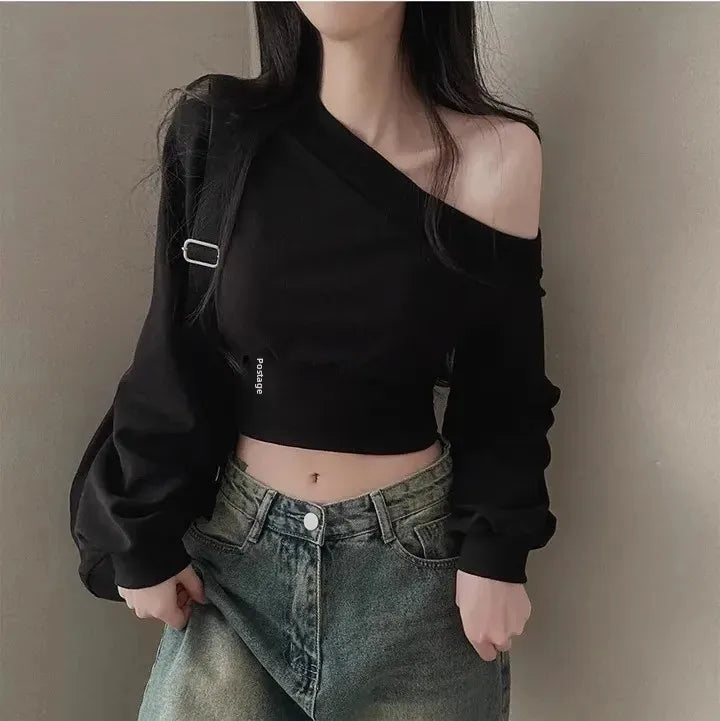 Women's Autumn Off-the-shoulder Sweatshirt Cropped Top Embroidery Loose-fit Windy Sweet Girl Hoodies Thin Material