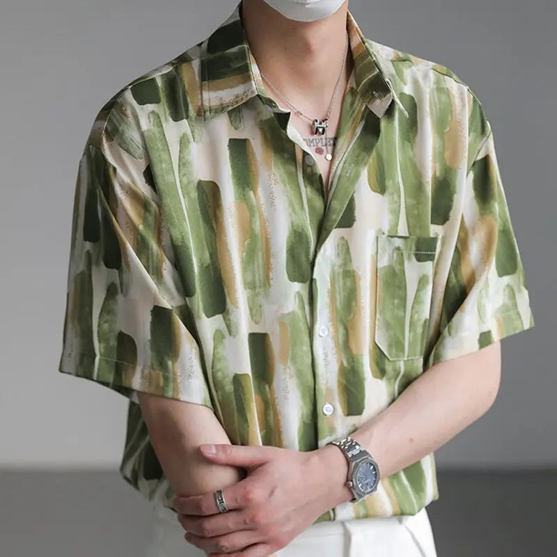 Men's and women summer trend personality simple graffiti lapel shirt couple loose retro Harajuku casual short sleeved top y2k