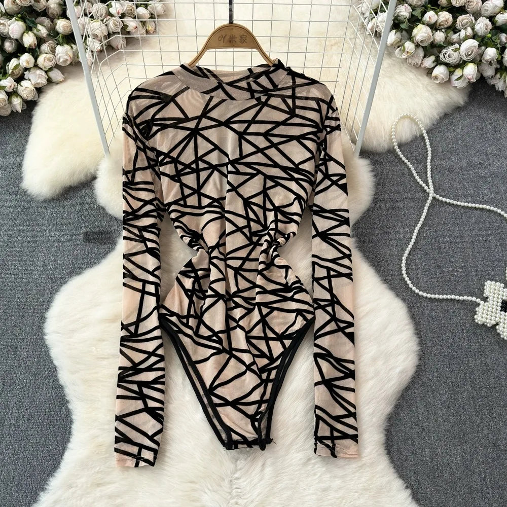 Foamlina Sexy Hollow Out Mesh Bodysuits for Women Fashion Striped Print Stand Collar Long Sleeve Slim Fit Club Party Jumpsuits