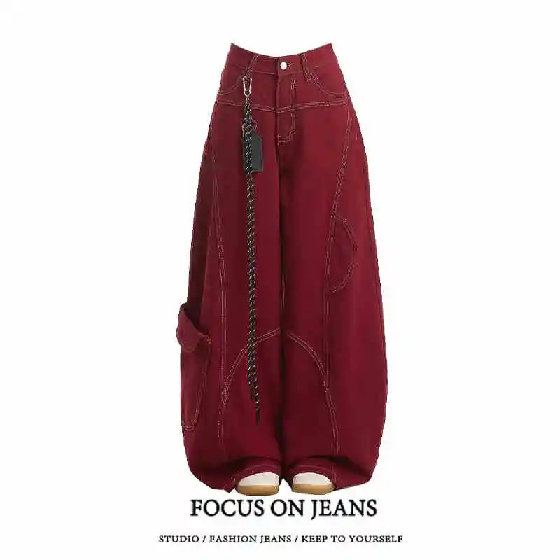 Street Vintage Jeans New Y2K Harajuku Wash Red Streetwear Baggy Jeans Denim Pants Mens Womens High Waist Wide Trousers 2025