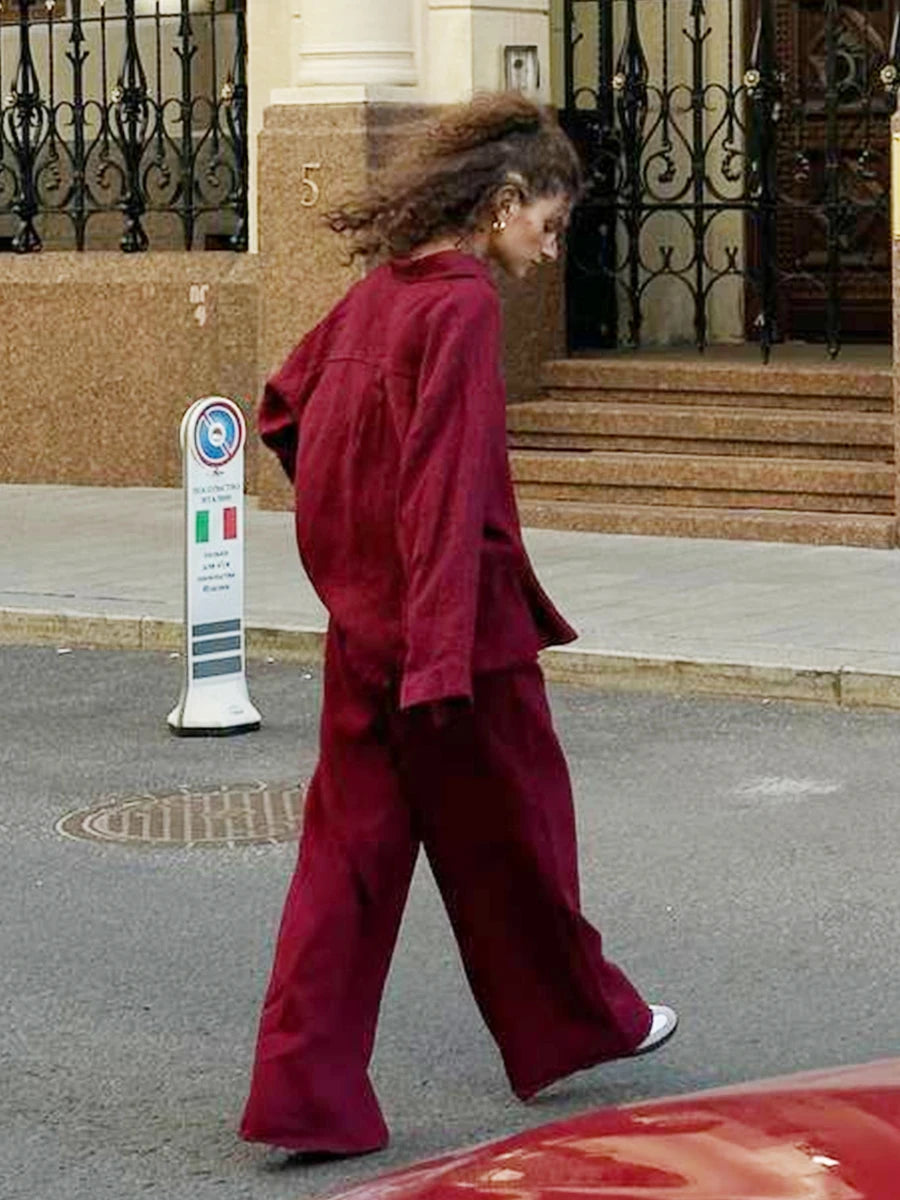 Bornladies Cotton Casual Pants Sets Women's Solid Color Cozy Lapel Long Sleeve Shirt Summer Outfit Elastic Waist Pants Suits