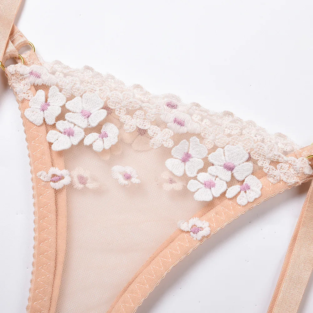 Floral Embroidered Sheer Lingerie Set Underwire Push Up Bra Thong Garter Belt See-Through Corset for Bridal Night Boudoir