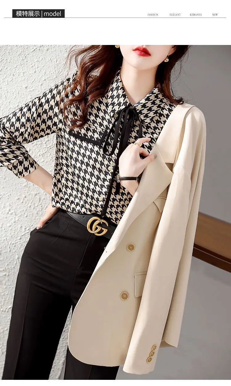 Spring Autumn Elegant Fashion Houndstooth Print Lace Up Shirt Ladies Long Sleeve Temperament All-match Blouse Femme Cardigan Top