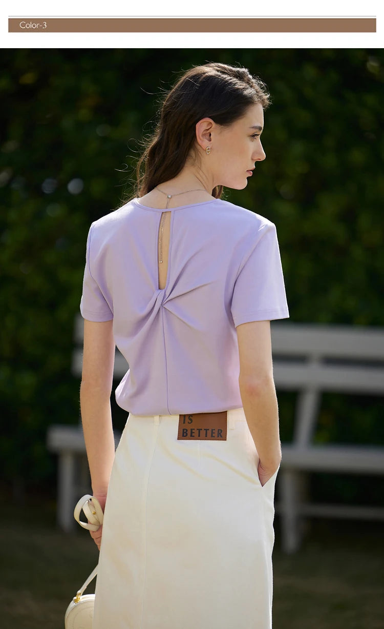 AMII Minimalism 100% Cotton Hollow Out Solid Short Sleeves Tees 2025 Spring New V Neck Top Women Casual Female T Shirt 12342289