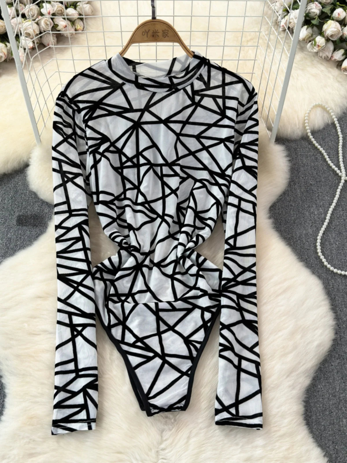 Foamlina Sexy Hollow Out Mesh Bodysuits for Women Fashion Striped Print Stand Collar Long Sleeve Slim Fit Club Party Jumpsuits