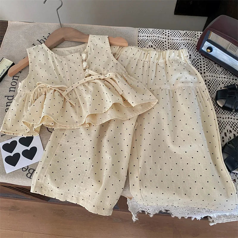 Bear Leader Baby Girl's Casual Clothing Round Neck Sleeveless Polka Dot Top+Wide Leg Pants Set with Bow and Botton 2PCS Set