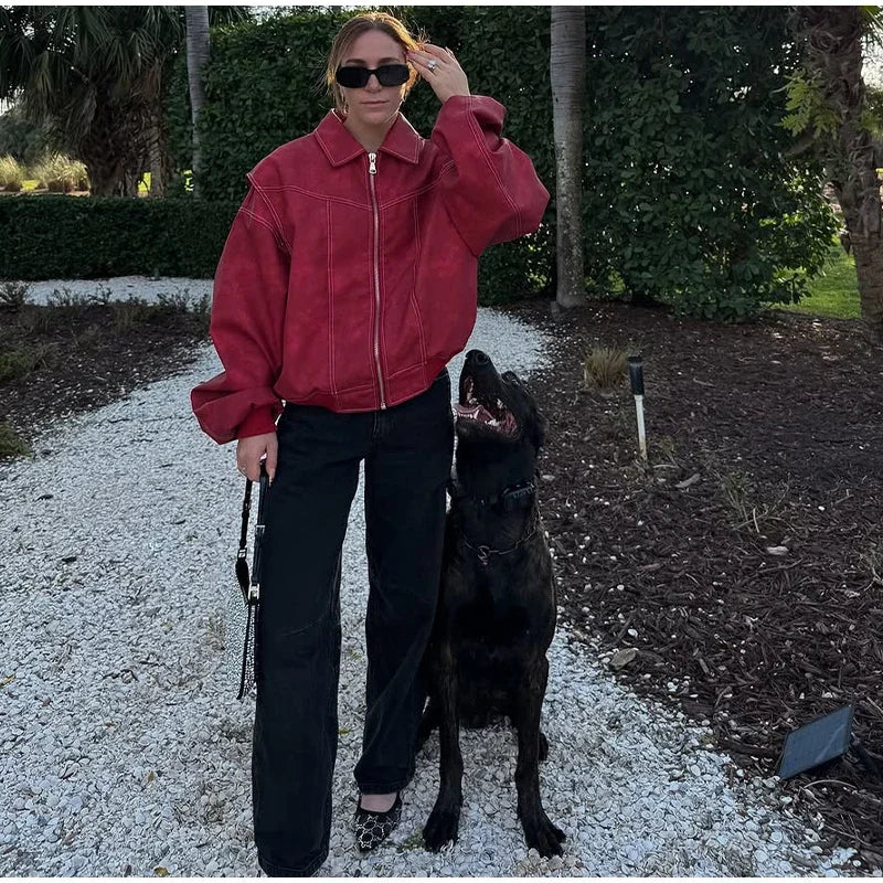 Women's Artificial Leather Short Jacket Retro Red Linen Coat Spliced Zipper Jacket Autumn Women's Lapel Pocket Street Sportswear