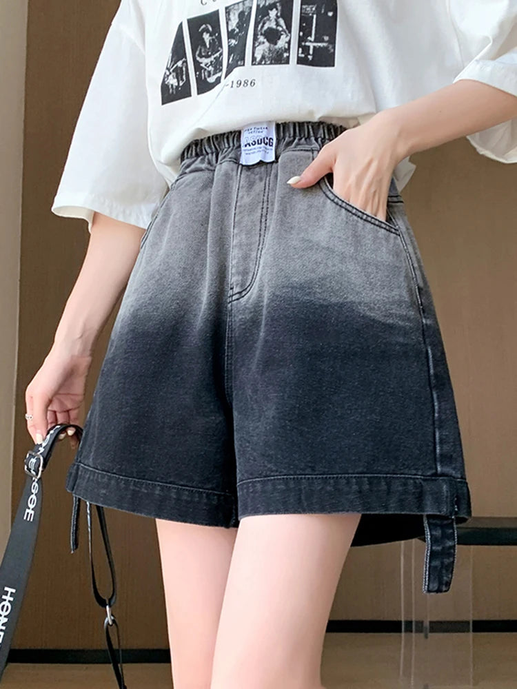 Gradient Plus Size Denim Shorts For Women Summer 2024 New High Elastic Waist Pockets Wide Leg Loose Jean Short Femme Hot Sale