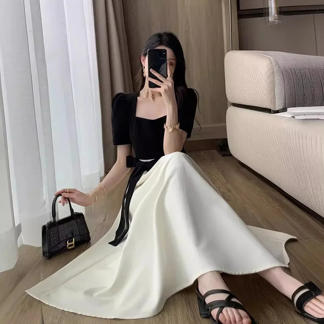 Elegant High-waisted Slimming Black Square Collar Long Dress 2024 New Style Vintage French Fashion For Women