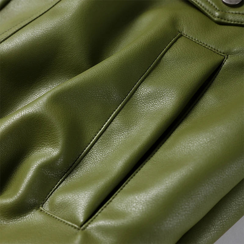 Fashion Green PU Leather Jacket Women Laple Zipper Loose Full Sleeve Single Breasted Cropped Coat 2024 New Lady Solid Streetwear