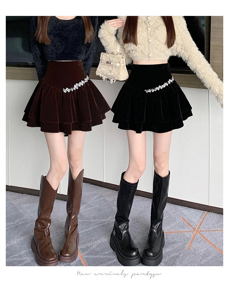 Bla Velvet Cake f Skirt Women's Autumn Winter High Waist A-Line Fluffy ort Skirt Small Size Pleated f Skirt