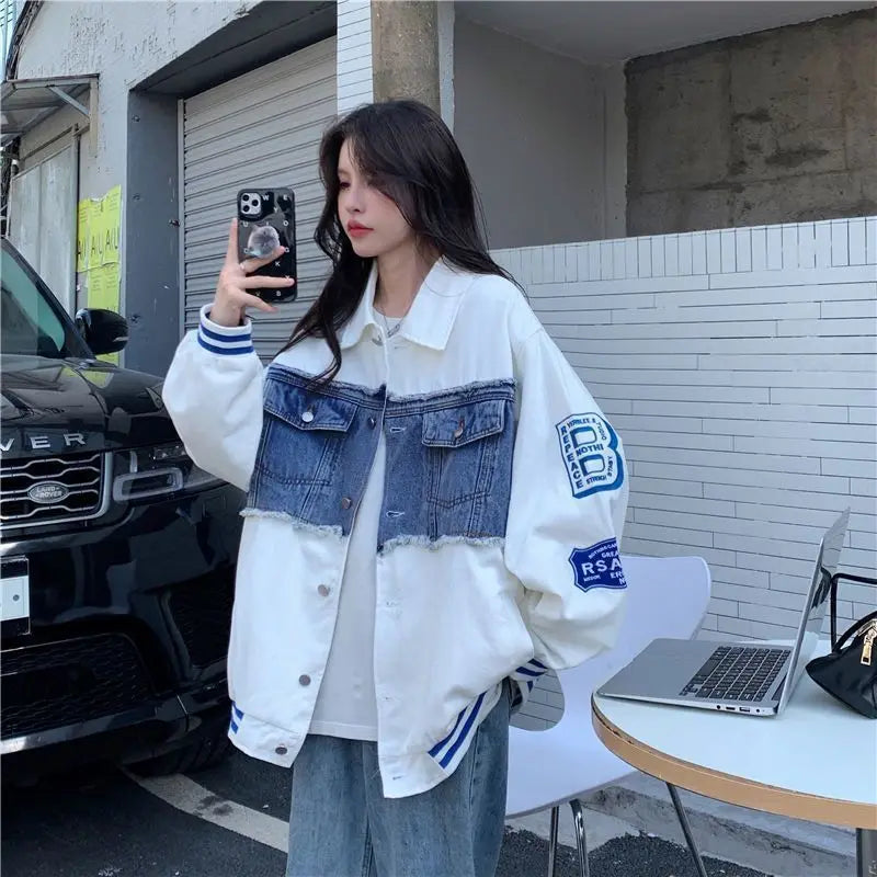 Denim Jacket Embroidered Baseball Uniforms Bomber Jackets Streetwear Harajuku Y2k Tops Trench Coats Hip Hop Long Sleeve Coats