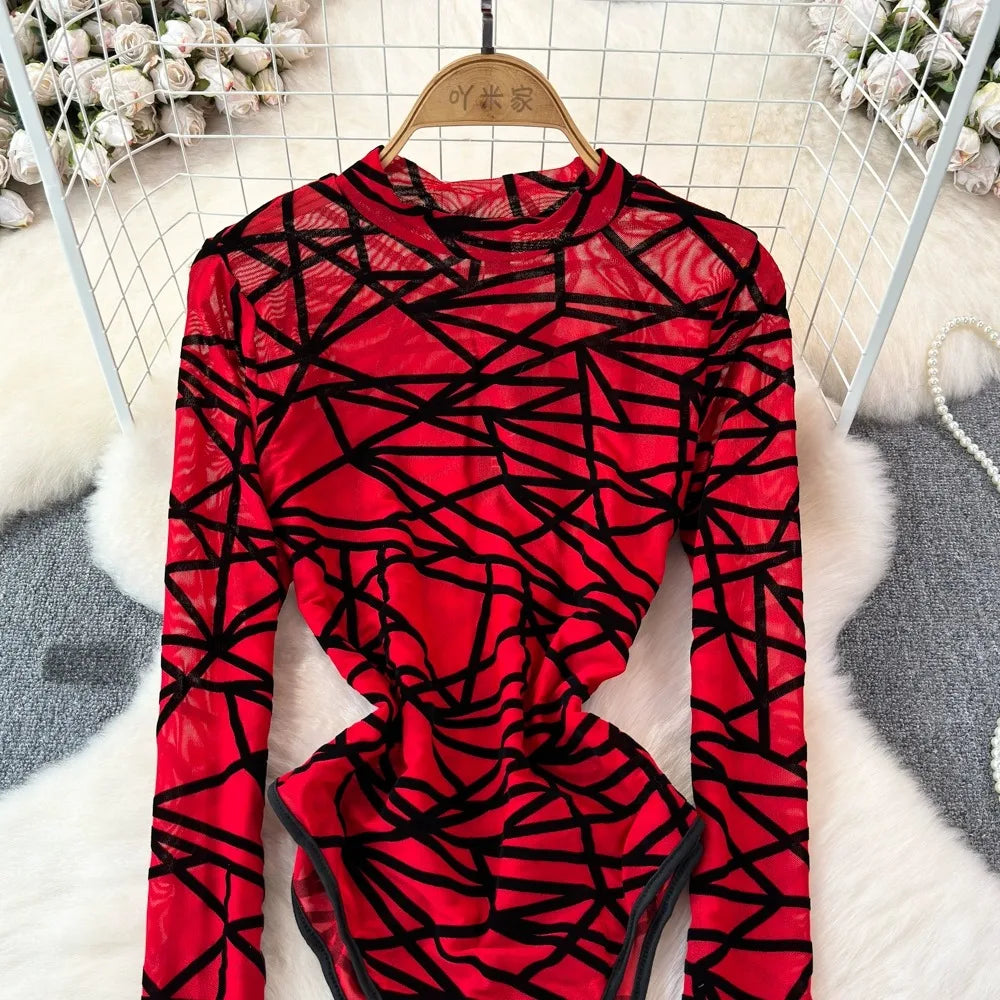 Foamlina Sexy Hollow Out Mesh Bodysuits for Women Fashion Striped Print Stand Collar Long Sleeve Slim Fit Club Party Jumpsuits