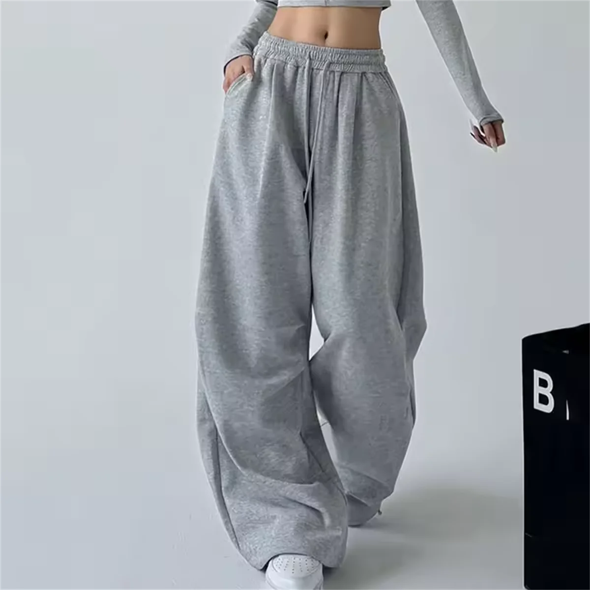 Fashion Vintage Y2K Baggy Pant Women Summer Wide Leg Elastic Waist Loose Pants Lady Solid Color Hip Hop Trousers Casual Clothing