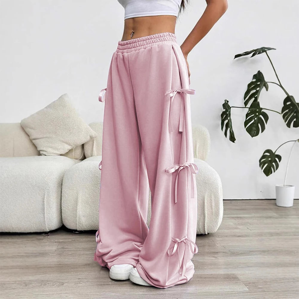 Mia Muse Women's Summer Pants 2025 Sporty Plain Bowknot Full Length High Waist Wide Leg Daily Basic Pants