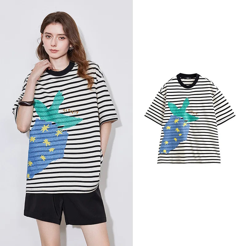 TOYOUTH Women Short Sleeve T-shirt 2025 Spring New Striped Strawberry Embroidered Round Neck Loose Pullover Tops
