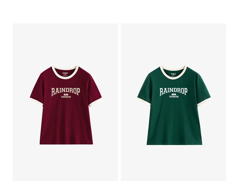 TOYOUTH Women Short Sleeve T shirt 2025 Summer New Color Blocked Letter American Style Antibacterial Cotton Tops GT5210004