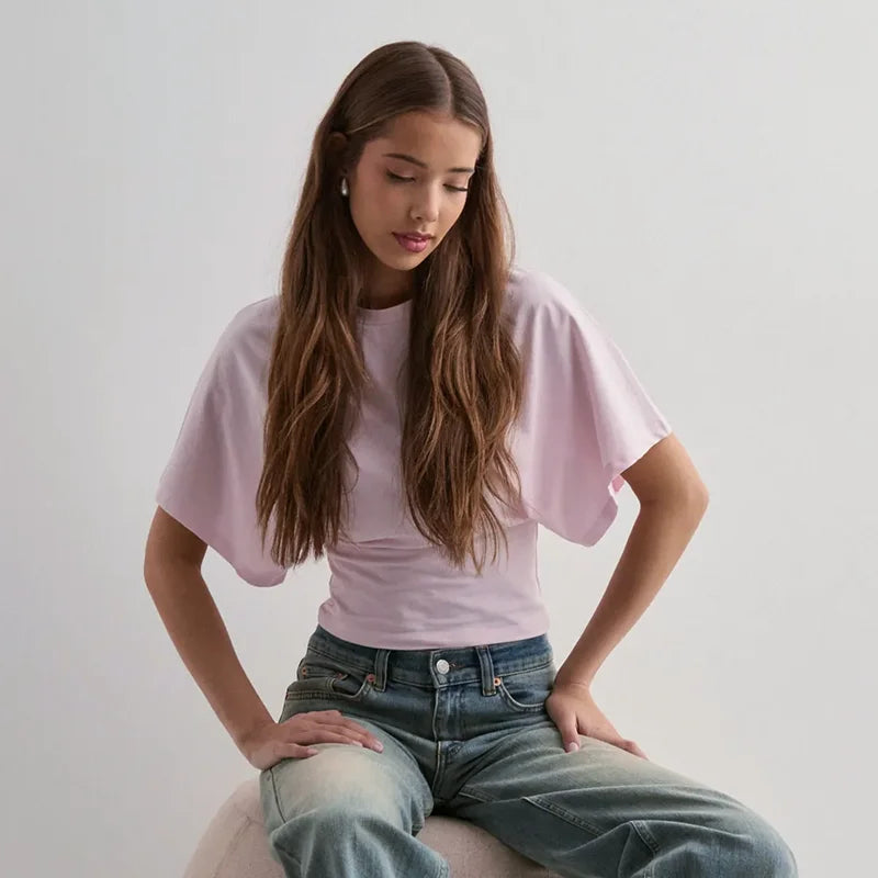 CUTENOVA Women'S Summer Loose Short-Sleeved T-Shirt Tops Waist Slimming Sweet And Hottie Design Sense Positive Shoulder Top