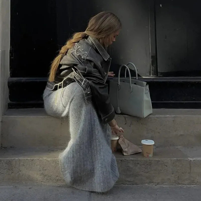 TARUXY Retro Braid Leather Jacket Coat For Women Lace Up Splice Motorcycle Style Short Jackets Long Sleeve Slim Streetwear Coat