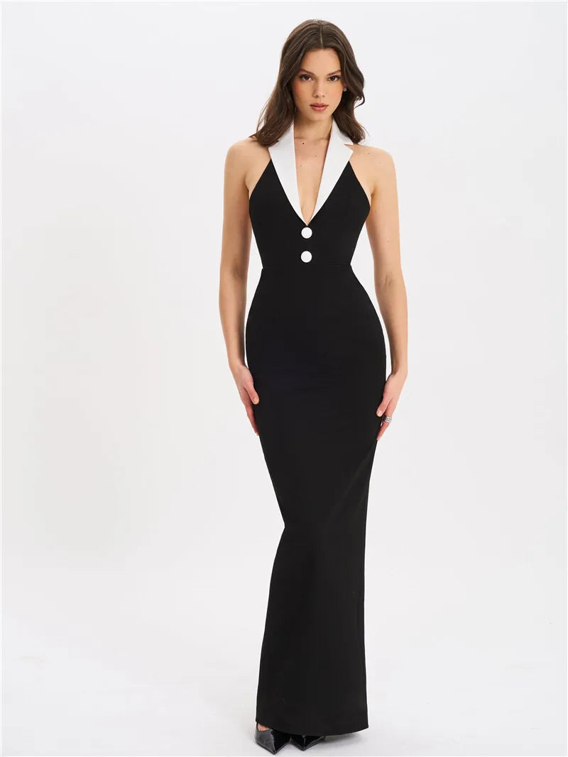 Mozision Halter Backless Sexy Maxi Dress For Women Gown Contrast Color Notched Collar Sleeveless Bodycon Club Party Tank Dress