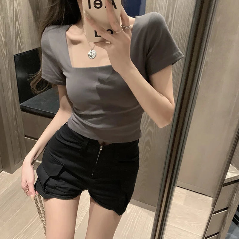 Women Slim Fit Square Neck Short Sleeve T-shirt High Waist Short Version Exposing Waist Outdoor Wear Base Shirt Top