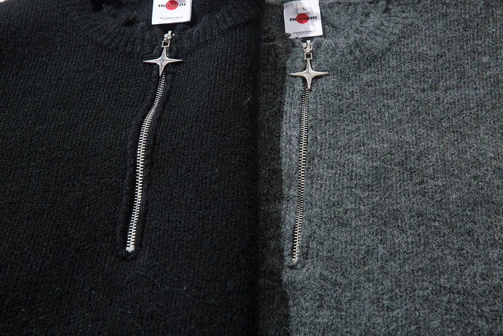 Half Zipper Frayed Hem Ripped Solid Knitted Sweaters Mens and Womens Autumn Baggy Pullover Sweater Oversized Loose Clothes