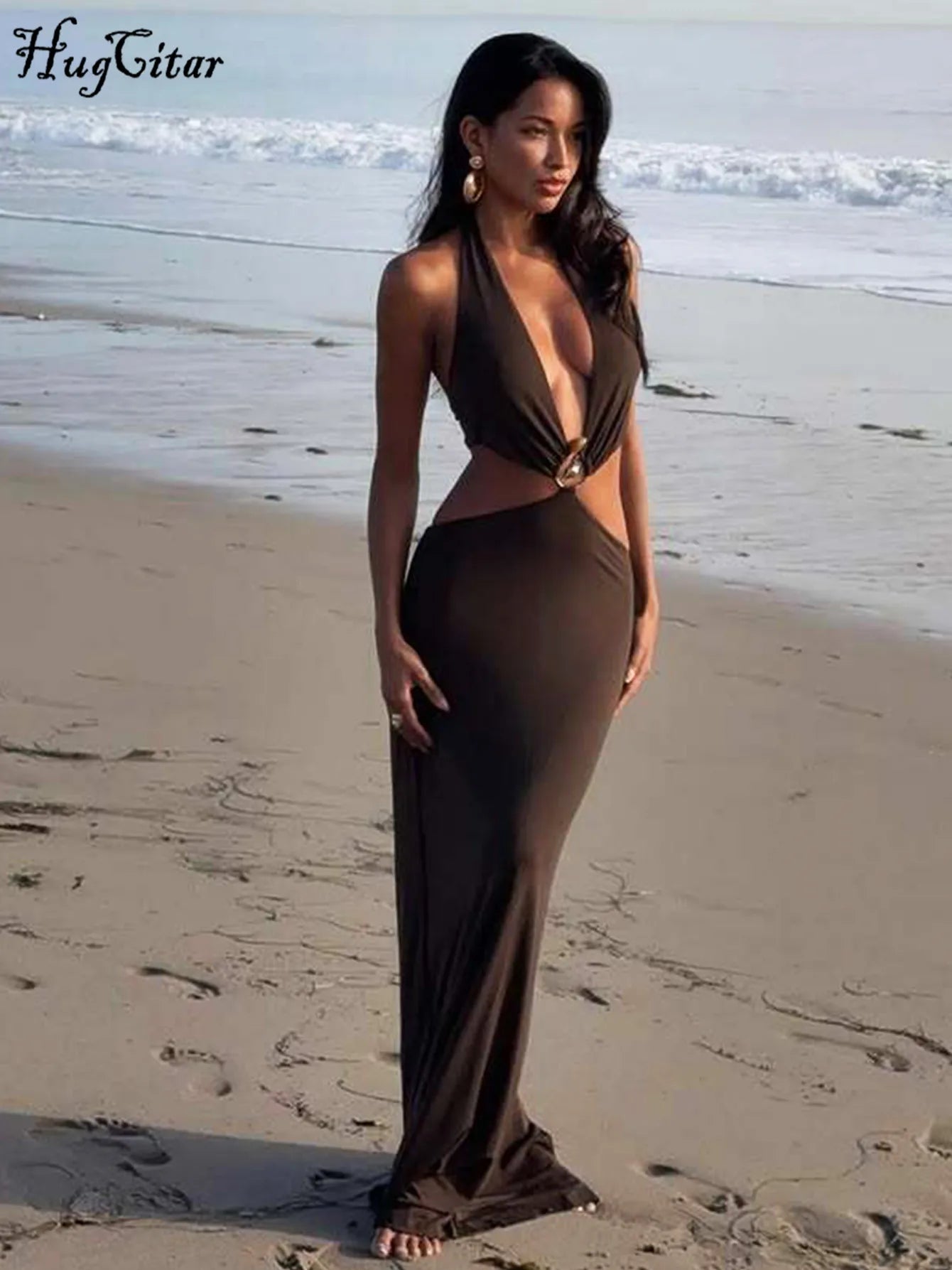 Hugcitar Women'S Fashion Halter Solid Hollow Out Backless Sexy Slit Maxi Dress 2025 Summer Clothes Beach Vacation Y2K Wholesale