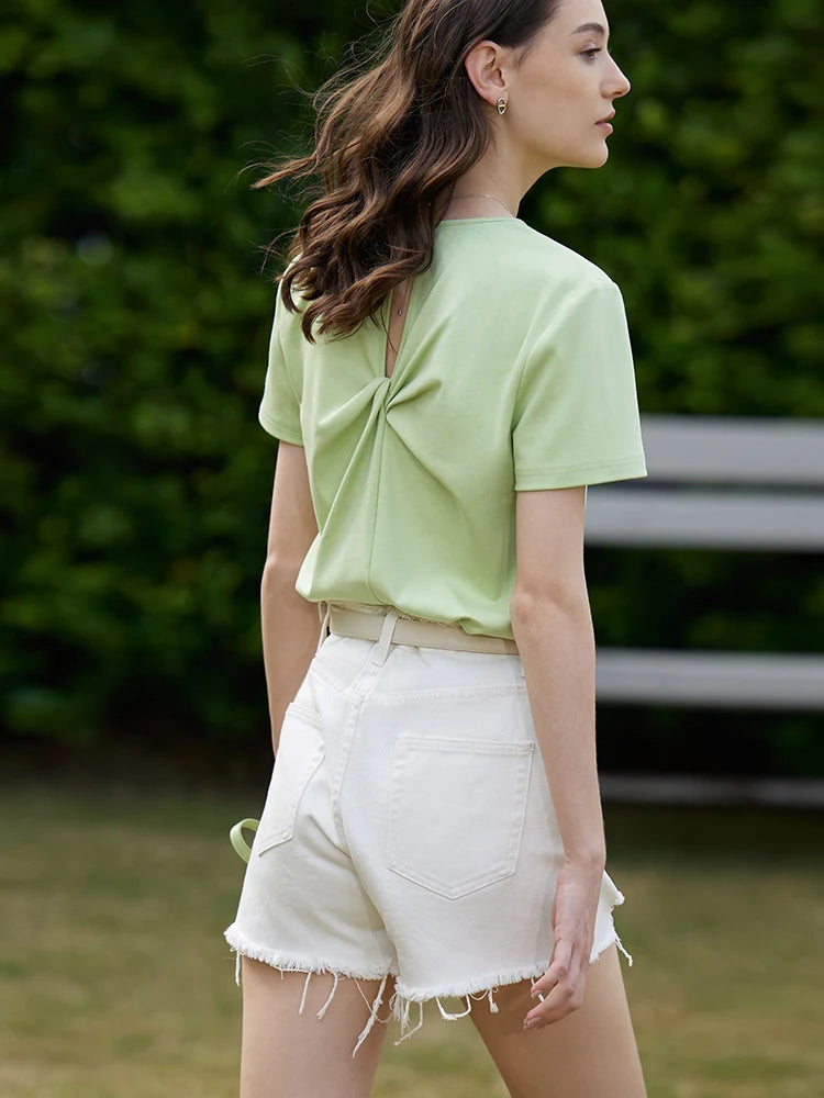 AMII Minimalism 100% Cotton Hollow Out Solid Short Sleeves Tees 2025 Spring New V Neck Top Women Casual Female T Shirt 12342289