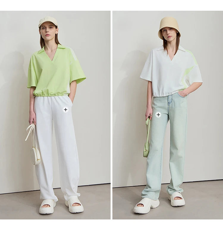 Amii Minimalist Cotton T-Shirts For Women 2025 Summer New V-Neck Pullover Loose Short Shoulder Sleeve Chic Commute Tops 12552001