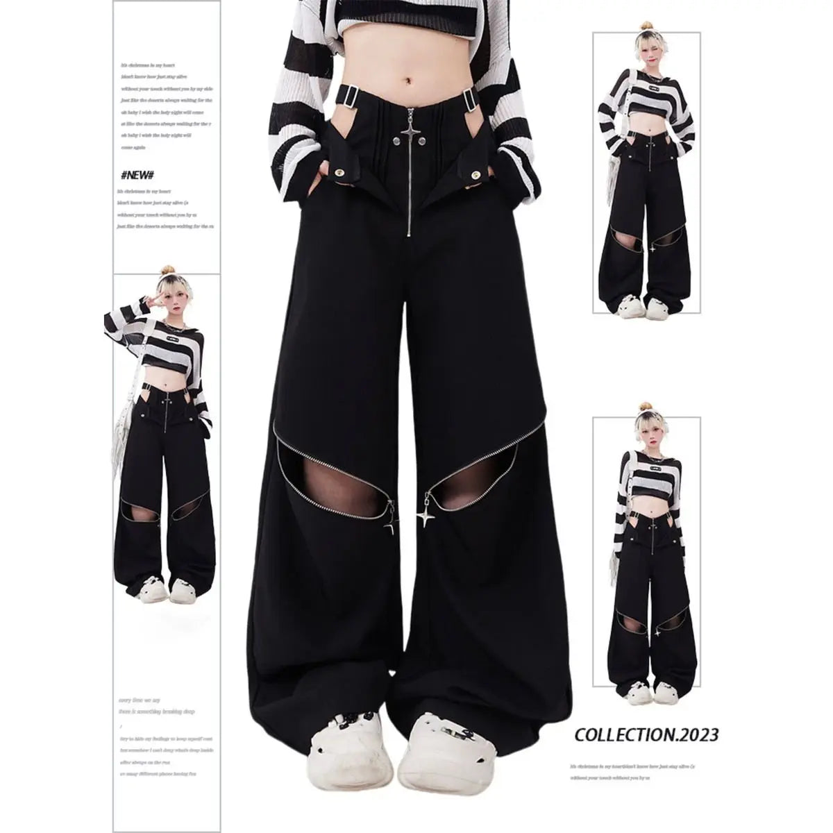 Hollow Out Zipper Design Pants Black Cargo Sweatpants Women Y2k Fashion Baggy High Waist Wide Leg Sport Pants Causal Trousers