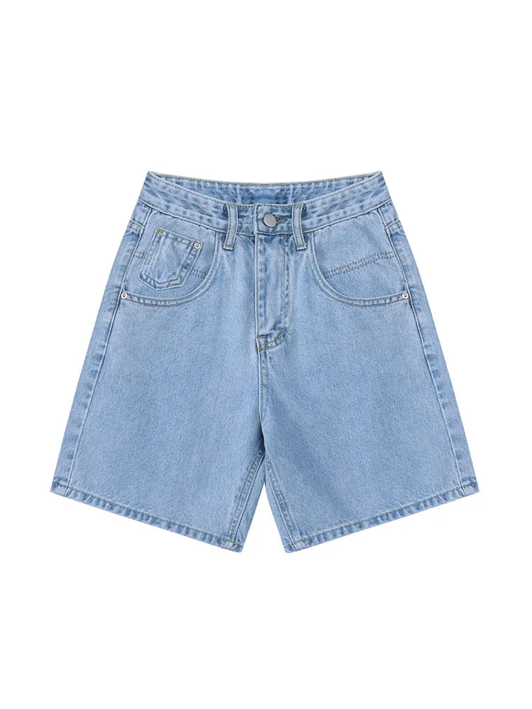 2025 Summer Women's High Waist Denim Shorts Casual Loose Ladies Plus Size Streetwear Fashion Button Wide Leg Short Jeans Female