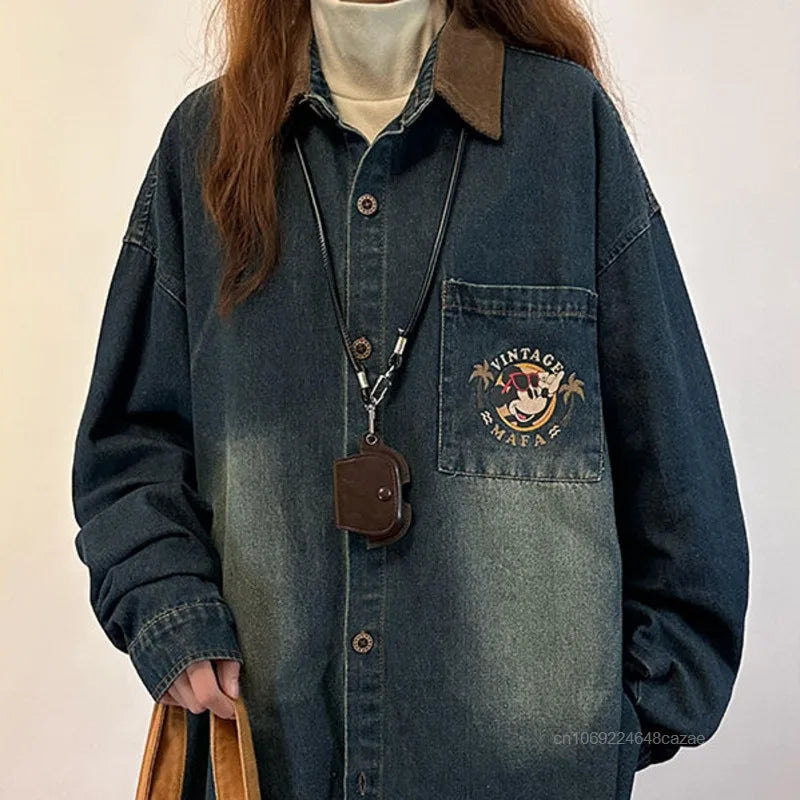 Disney Mickey Mouse American Vintage Print Denim Shirt Fashion Long Sleeve Women's Thin Jacket Spring New Trend Versatile Jacket