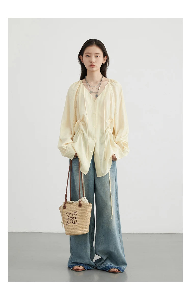 CHIC VEN Women Loose Lace Up Shirt Solid New Korean V-neck Pleated Raglan Long Sleeved Blouses Female Tops Spring Summer 2025
