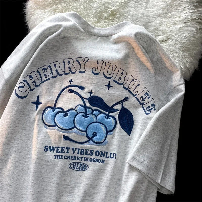Women's Cartoon Cherry Print Loose Fit Short Sleeve T-Shirt Polyester Crew Neck Top Sweet Lazy Couple Shirt Trendy
