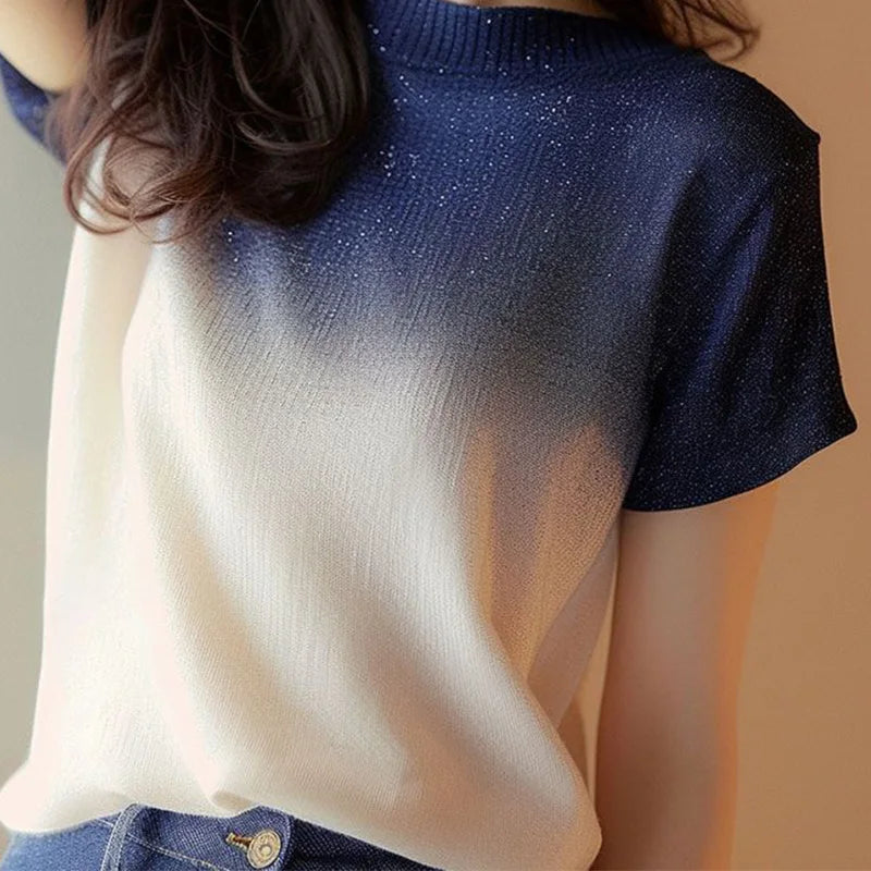 Women Clothes Summer Fashion Korean All-match Fashionable Appear Thin Ice Shreds Gradient Color Temperament Short Sleeve Tshirt